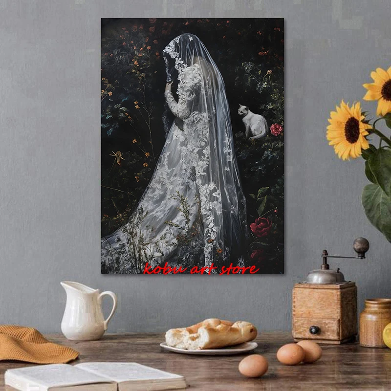 Dark Victorian Elegant Woman Lace Veil Posters Canvas Printing White Skirt Wedding Dress Bride Vintage Wall Art Room Home Decor