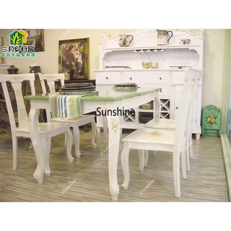 Country style solid wood pastoral style American green hand-painted dining tableY