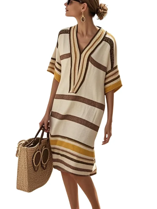 

Loose Casual Striped Print Dress For Women Fashion Half Sleeved V Neck Midi Dress Spring Summer New Lady Dresses
