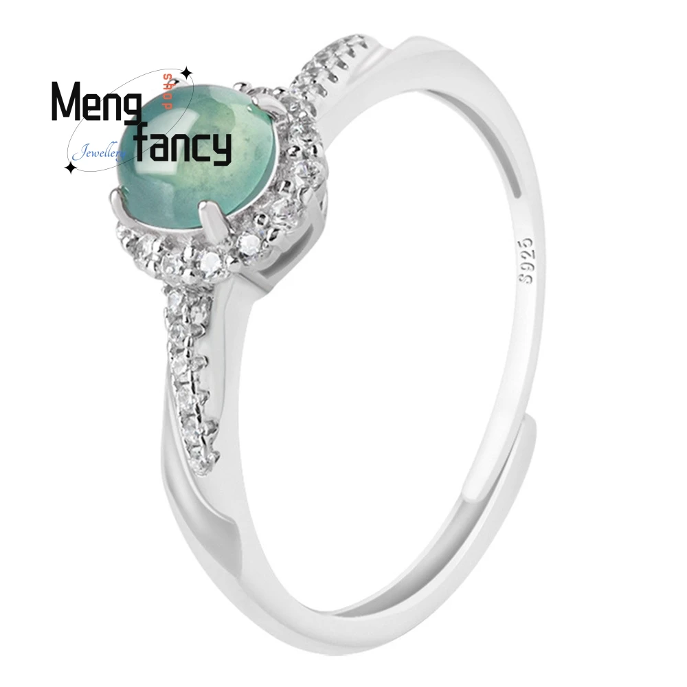 أفضل بيع S925 الفضة مطعمة الطبيعية السلع اليشم الأزرق المياه الدائري الجليد اليشم خاتم الموضة المرأة خاتم قابل للتعديل شعبية