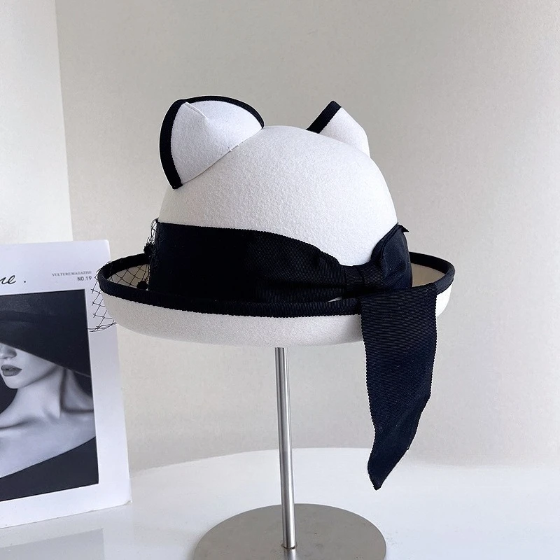 آذان قطة لطيفة براقة مع حواف مزركشة قبعة قماش شبكية من الصوف الأسترالي قبعة دلو عتيقة نمط فريد قبعة صياد عصرية #6