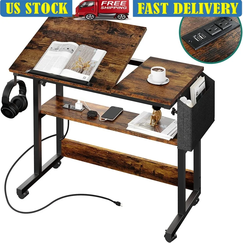 

Height Adjustable Rolling Laptop Table with Charging Station Tiltable Desktop Storage Bag 360° Swivel Wheels Mobile Workstation