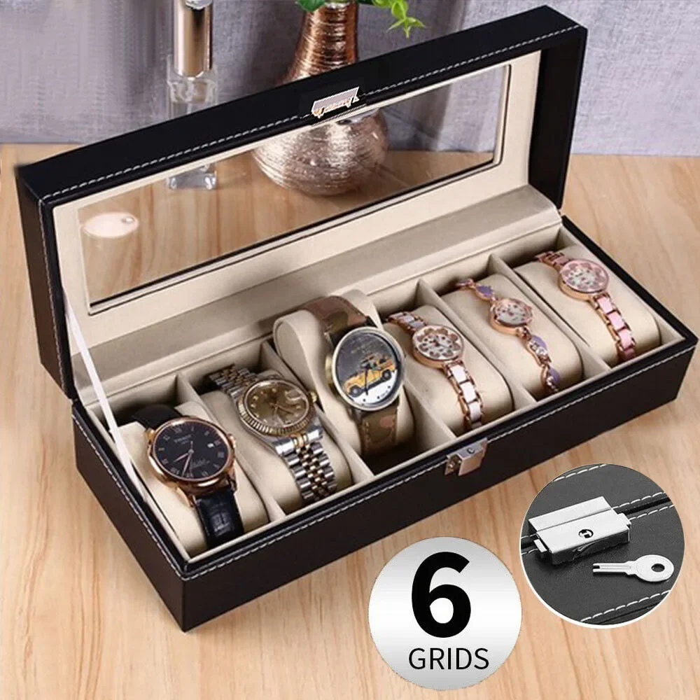 6 Grids PU Leather Luxury Watch Organize Glass Display Case Jewelry Collection Storage Holder Box For Mens and Women