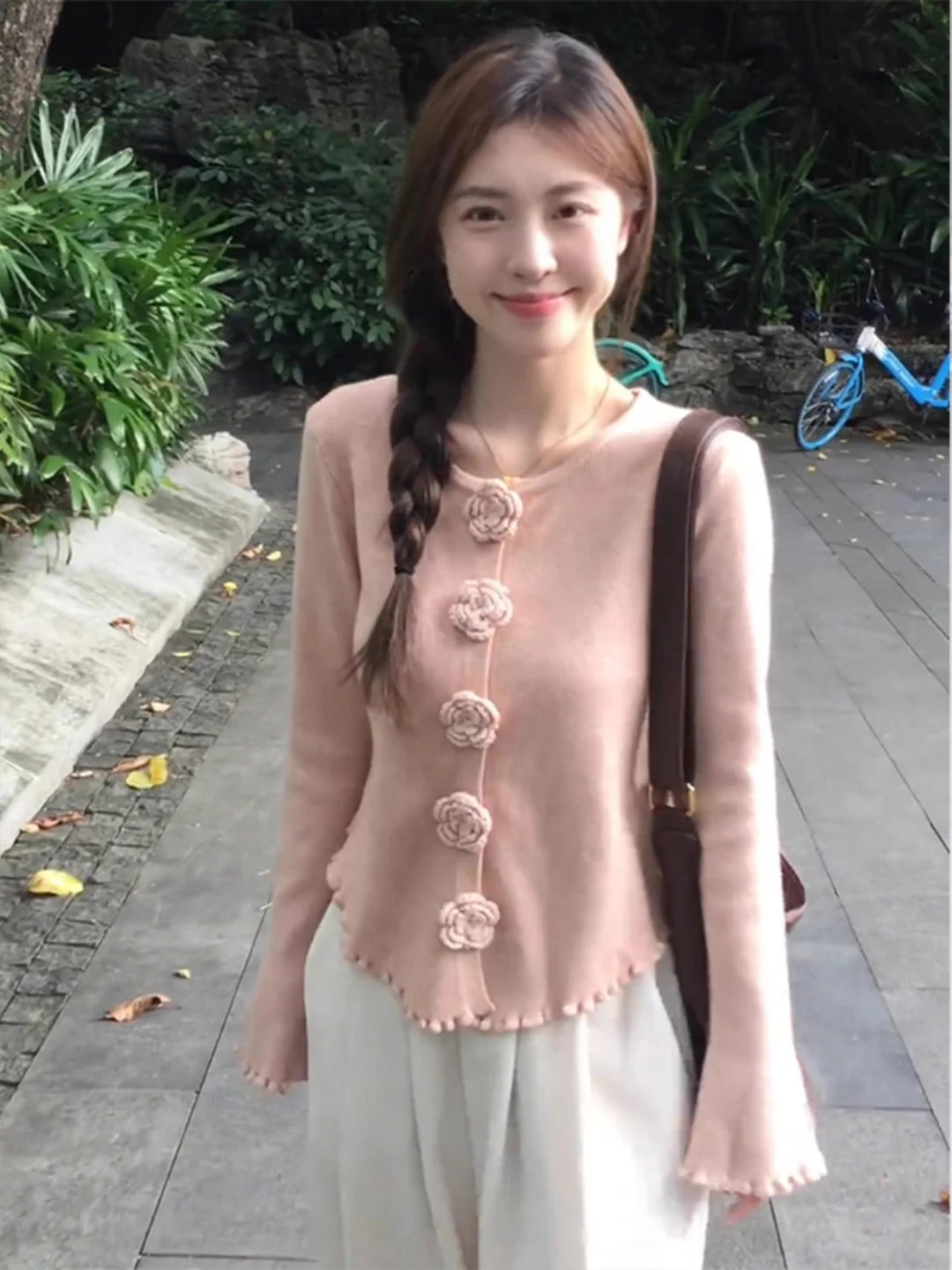 

Sweet Pink Knitted 3D Flower Open Cardigan Women's Faion Sle Soft Long Sve round Ne Button up Inner Wear Base irt Top