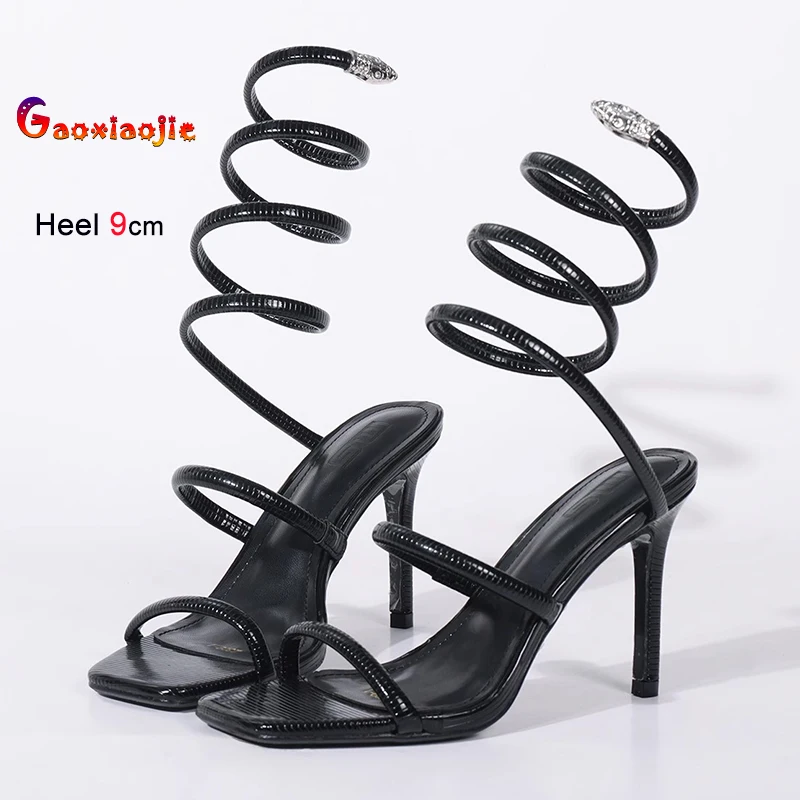 

2025 Europe And America New Women Sandals Fashion Serpentine Winding Stiletto Shoes Sexy Super High Heels Spiral Strap Sandals