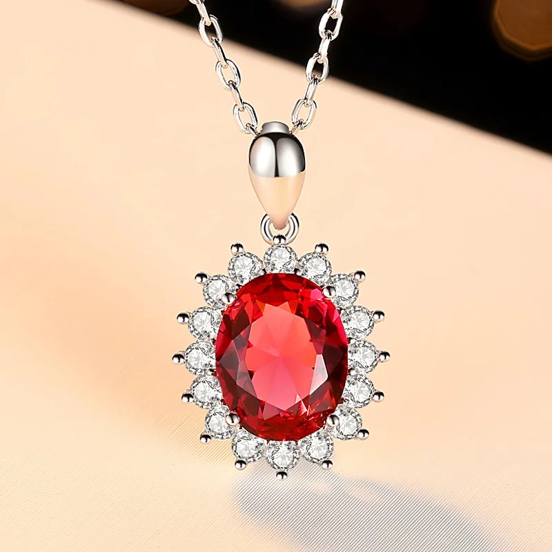 Princess Diana Created Red Ruby Natural Garnet 925 Silver Pendant Necklace For Women Oval Gemstone Fine Jewelry Choker de Prata