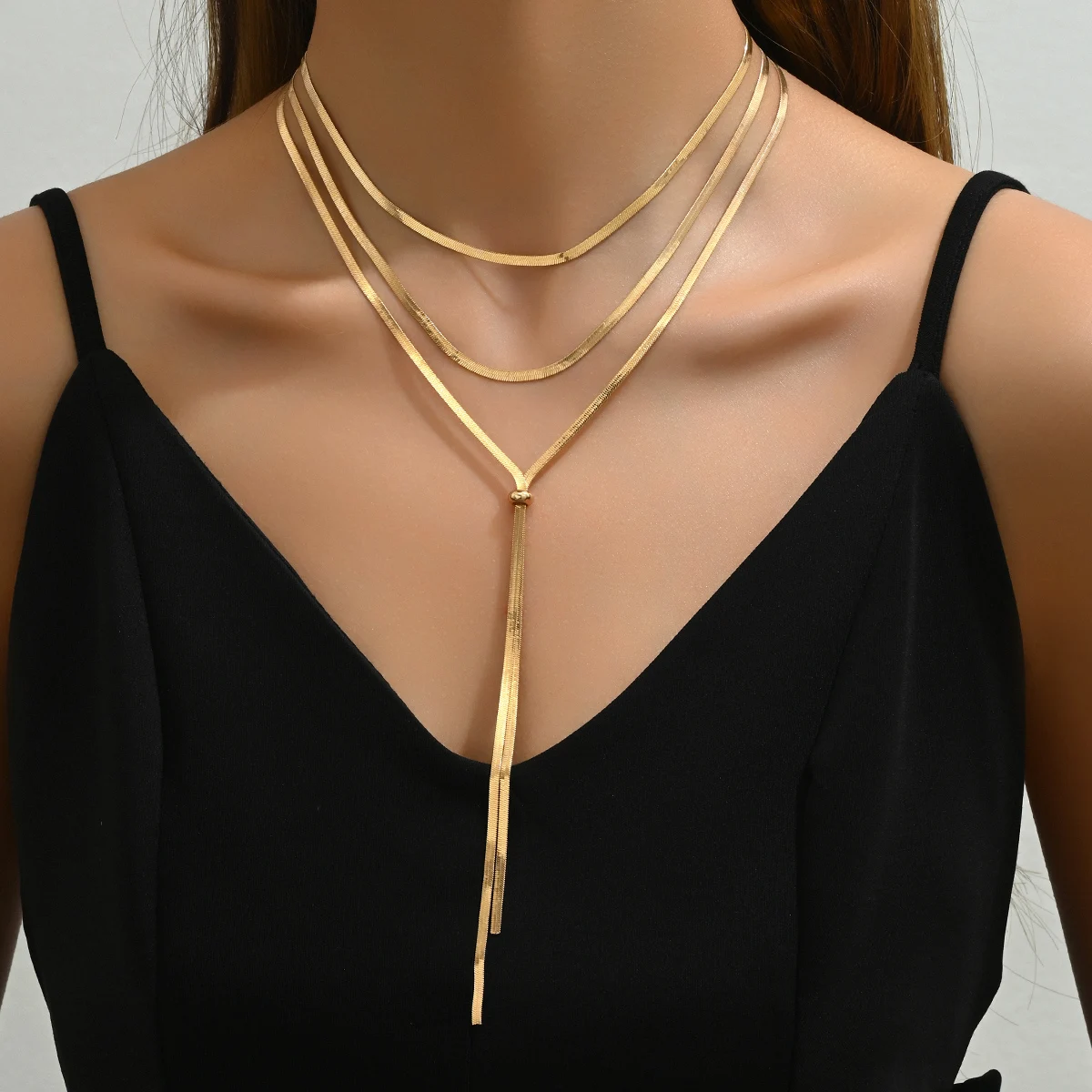 Women 3 Layered Flat Snake Chain Lariat Y Necklace Gold Silver Dainty Stackable Tassel Pendant Minimal Daily Statement Jewelry