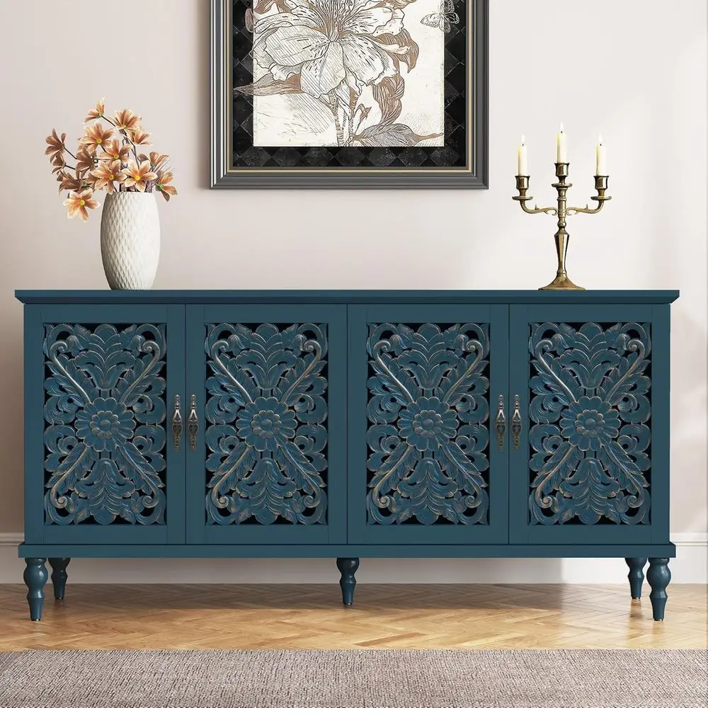 

Vintage Blue Hollow Carved Wood Accent Cabinet with 4 Doors, Adjustable Shelves for Living, Dining, Kitchen, Entryway, Hallway