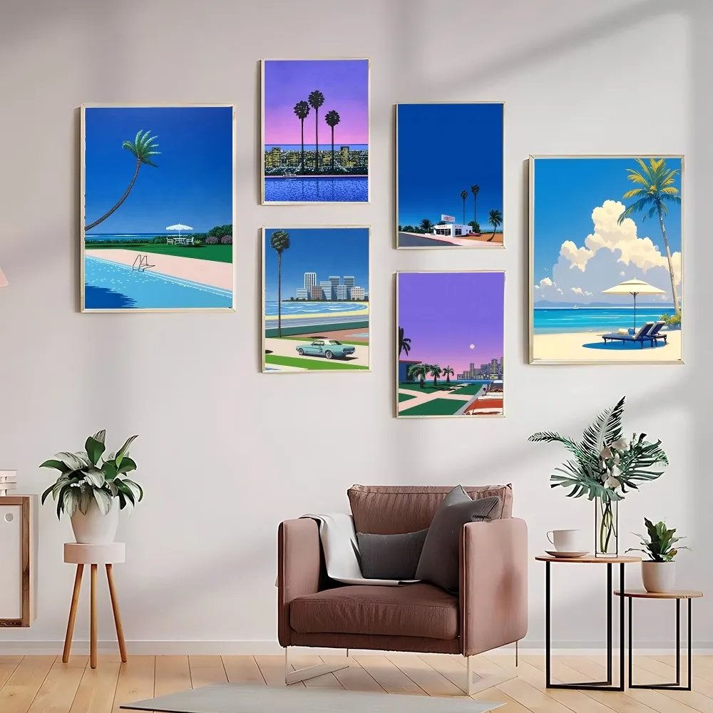 Hiroshi Nagai Vaporwave Japan Beach City Sommer Anime Poster Klebrige Poster Wasserdichter Papieraufkleber Kaffeehaus Bar Home Decor