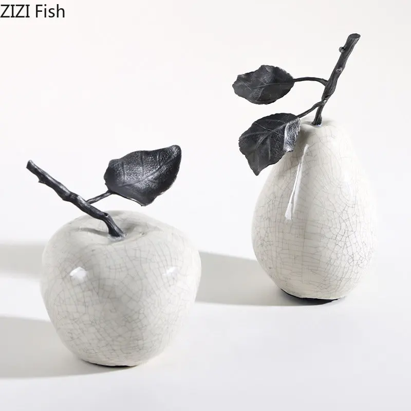 

White Crack Ceramic Ornaments Apple Pear Fruit Sculpture Simulated Fruit Statue Fruit Figurines Desktop Decoration Accessories