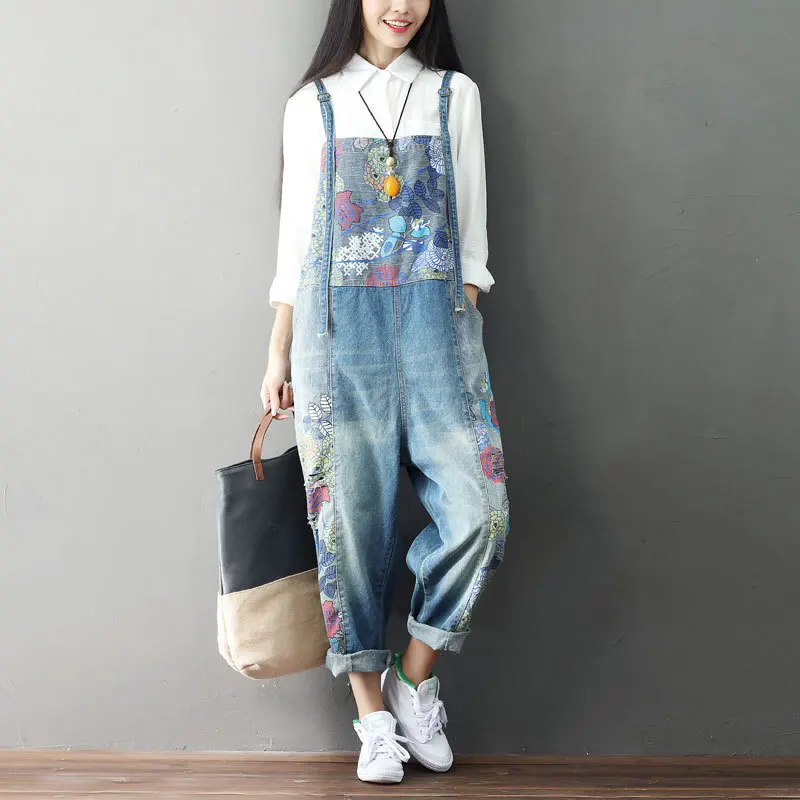 #1401 Vintage Floral Printed Denim Jumpsuits Women Wide Leg Denim Overalls Holes Spaghetti Strap Jeans Jumpsuit Ladies Loose 