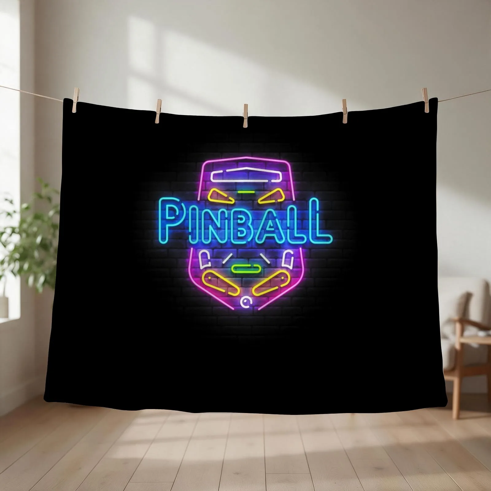 Retro Neon Pinball Player, Pinball Lovers Gift Throw Blanket couch cozy soft plush fuzzy picnic outdoor blanket