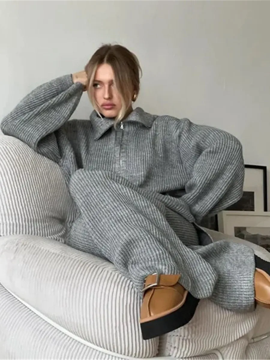 Solid Knitted Loose Wide Leg Pants Sets Autumn Turndown Collar Long Sleeve Zipper Sweater Streetwear Fashion Casual 2 Piece Set