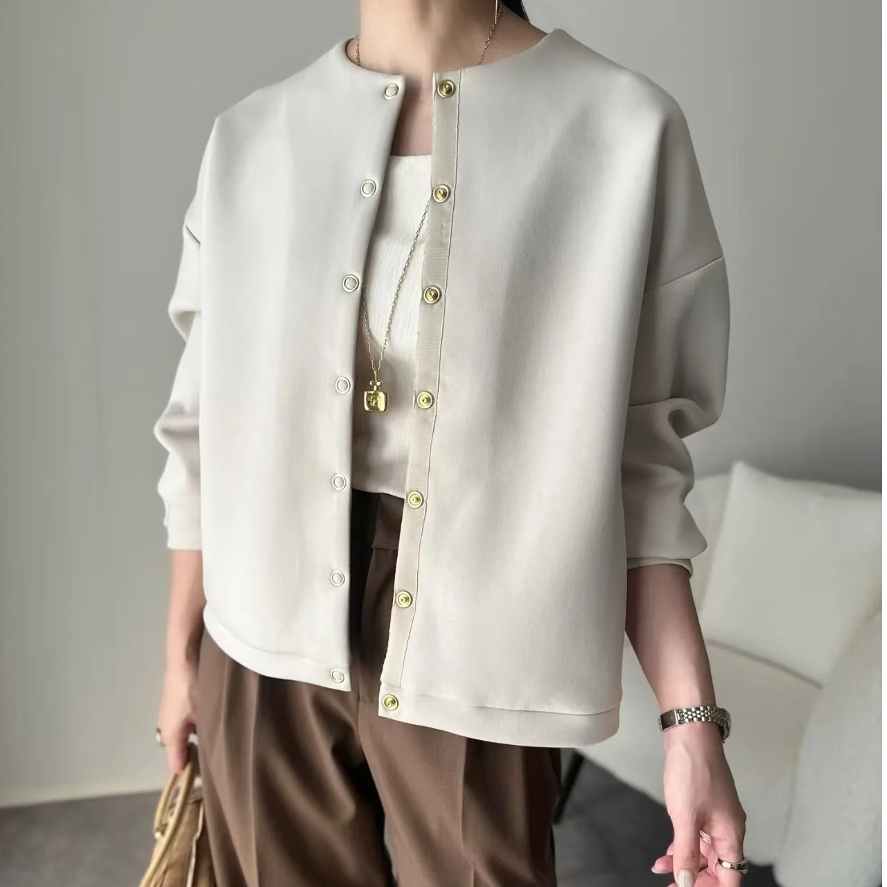 Felpa con cardigan aperto rotondo Ne da donna allentata Or Capispalla Primavera Autunno Nuovo Sle Versatile Top adatto ai pendolari