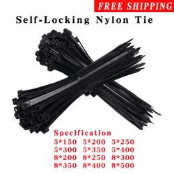 Self-locking Nylon Cable Ties 8x250mm Black Straps Fastening Loop Reusable Plastic Anti-Corrosion Adjustable Cables Ties 8x400mm