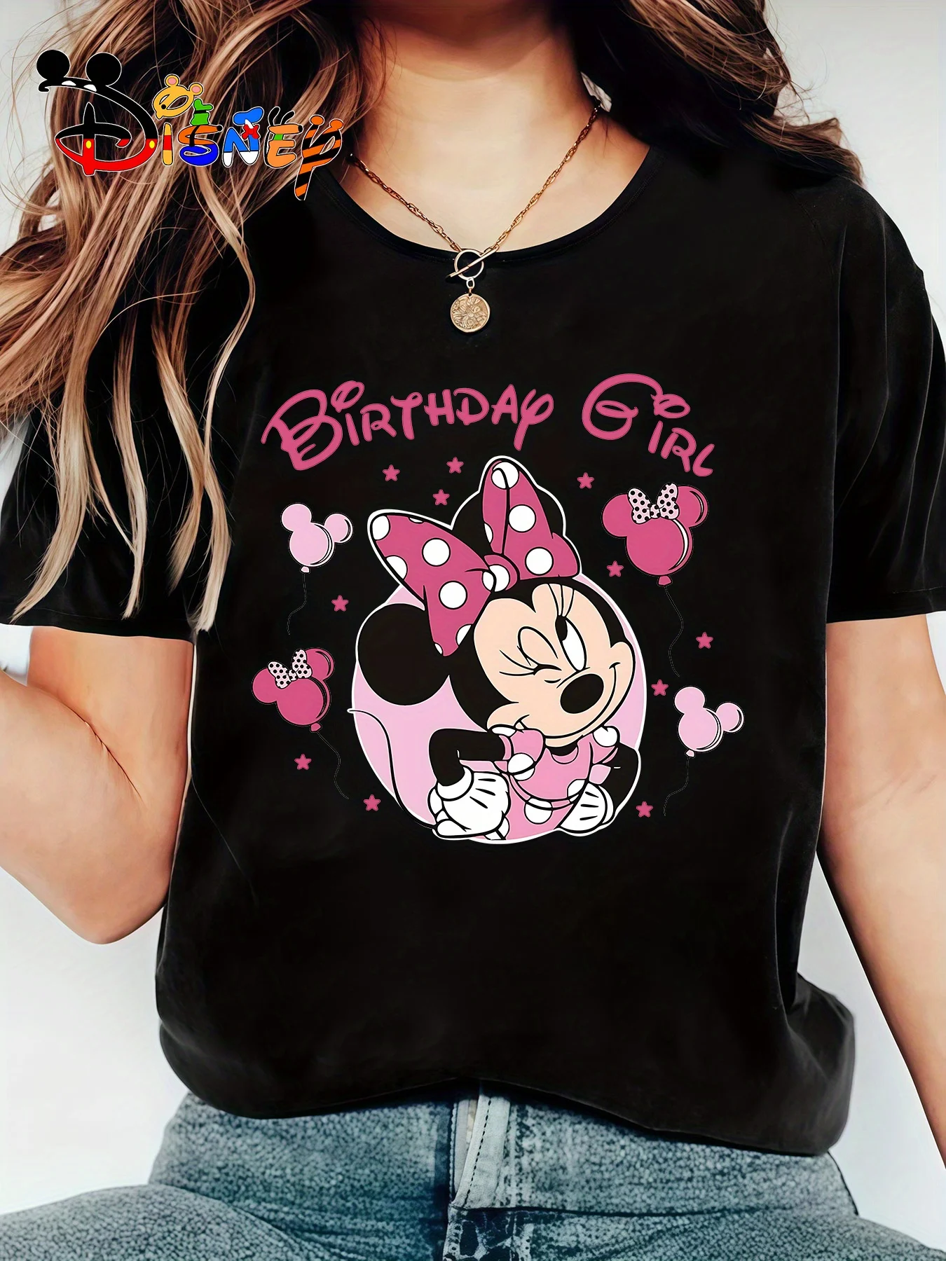 

2025 Disney Pattern Printed Women's Casual Comfortable Unique Smiling Face Black Round Neck Short Sleeve T-shirt