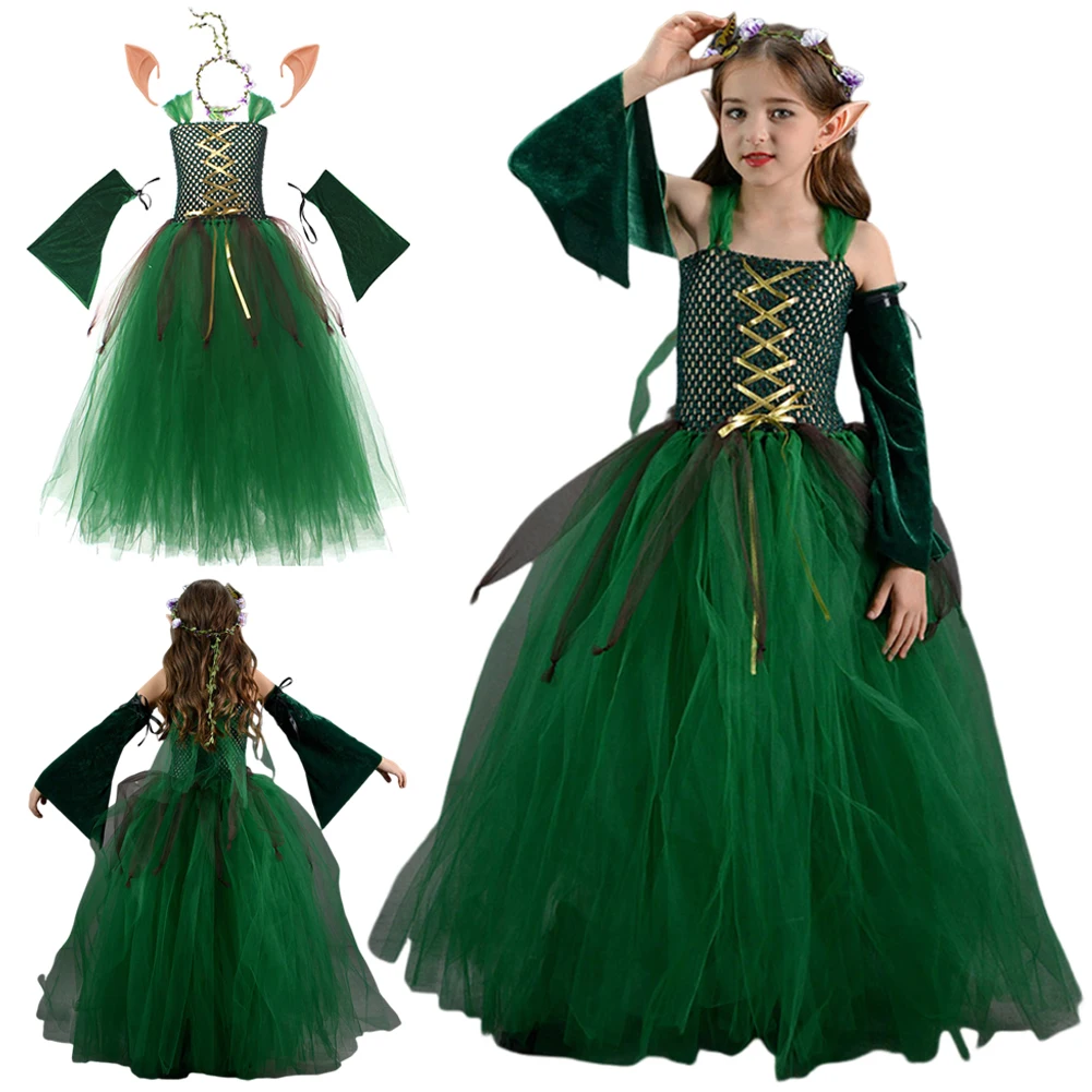 Kids Girls Forest Elf Cosplay Tutu Green Dress Costume Role Play Dance Skirts Stage Performence Elf Ear Outfits Halloween Suit