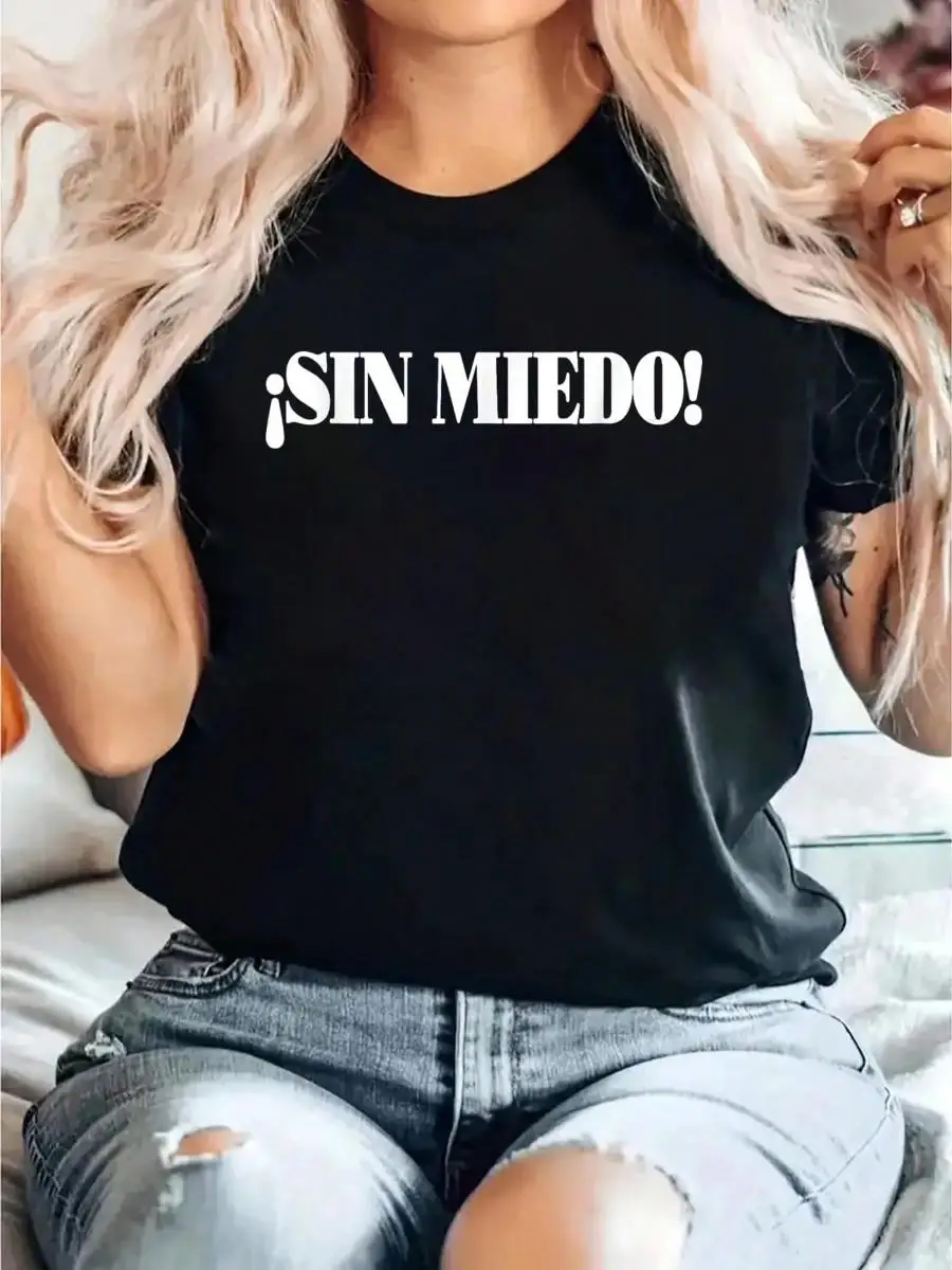 Live Without Fear (Spanish) Sin Miedo Motivational Design T-Shirt Print T-Shirt, Casual Crew Neck Short Sleeved Summer Top