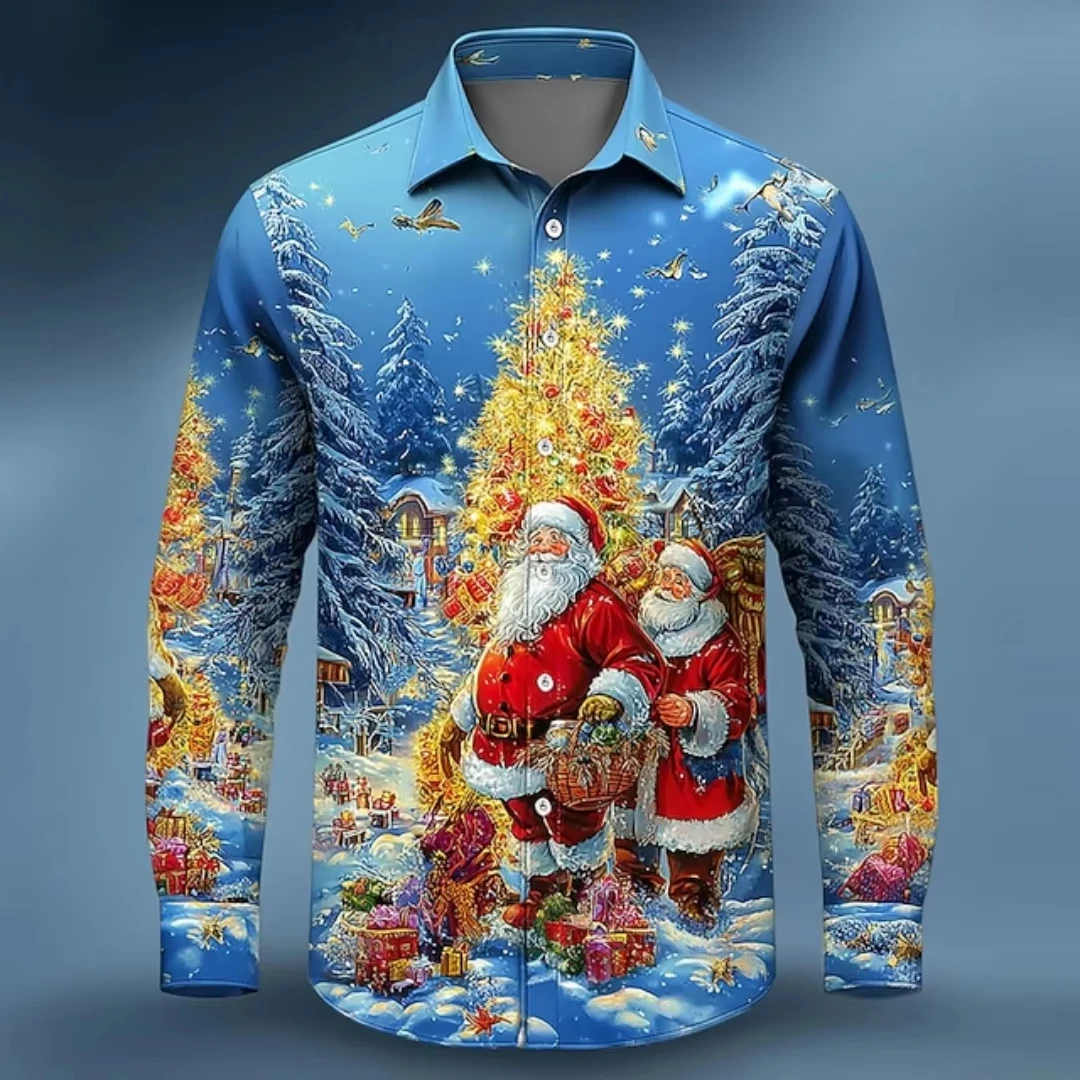 2025 Мужская рубашка с принтом рождественской елки Санта-Клауса, уличная одежда с длинными рукавами, повседневная облегающая удобная одежда