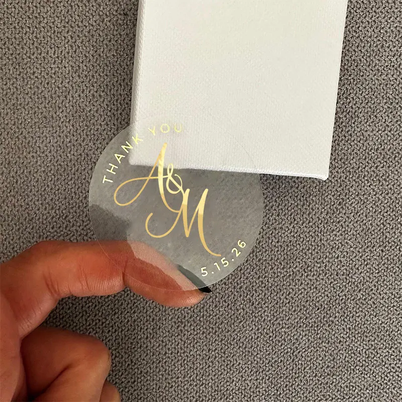 Gold Stickers for Wedding Invitations, Envelopes or Party Favors, Lettered Transparent Labels, Custom Round Stickers