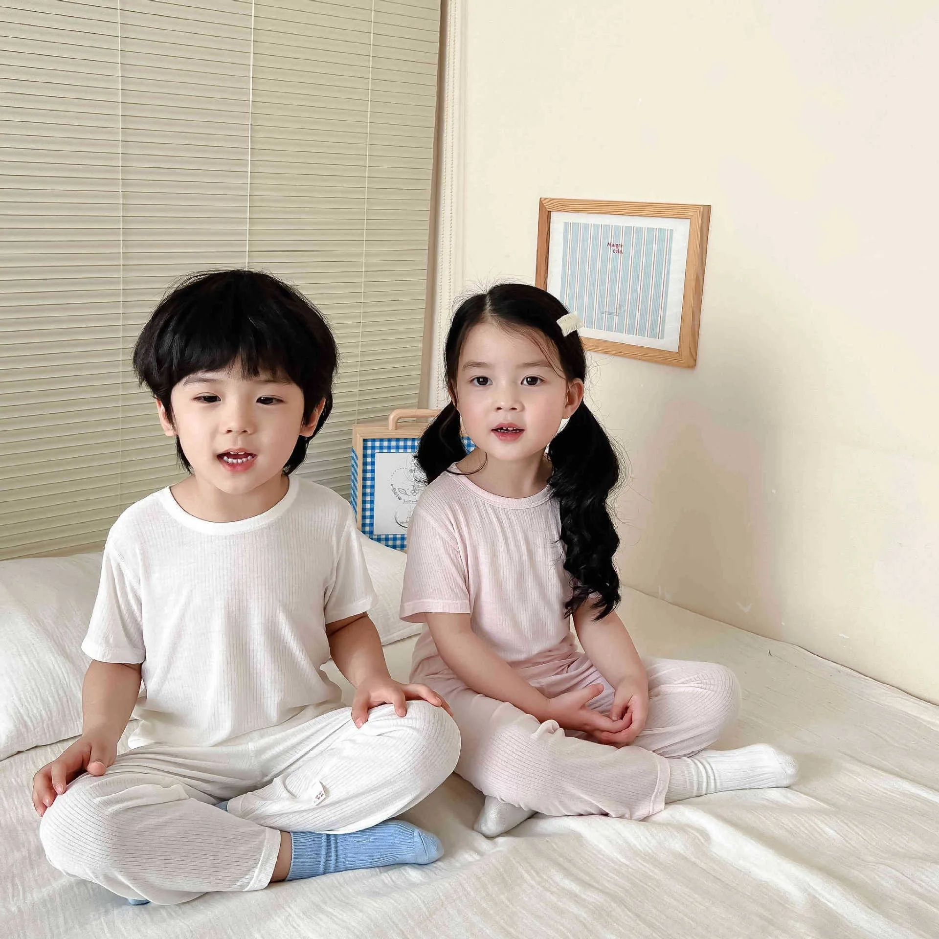 

Ins Children Pure Cotton Homewear Suit Kids Babys Boy Short Sleeves+cropped Pant Outfit Breathable Sleepwear 2Pcs For 1-12Y Boys