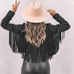 Faux Suede Leather Jackets Women Fall Fashion Fringe Jacket Tassel Motorcycle Cropped Coats Western Outfit