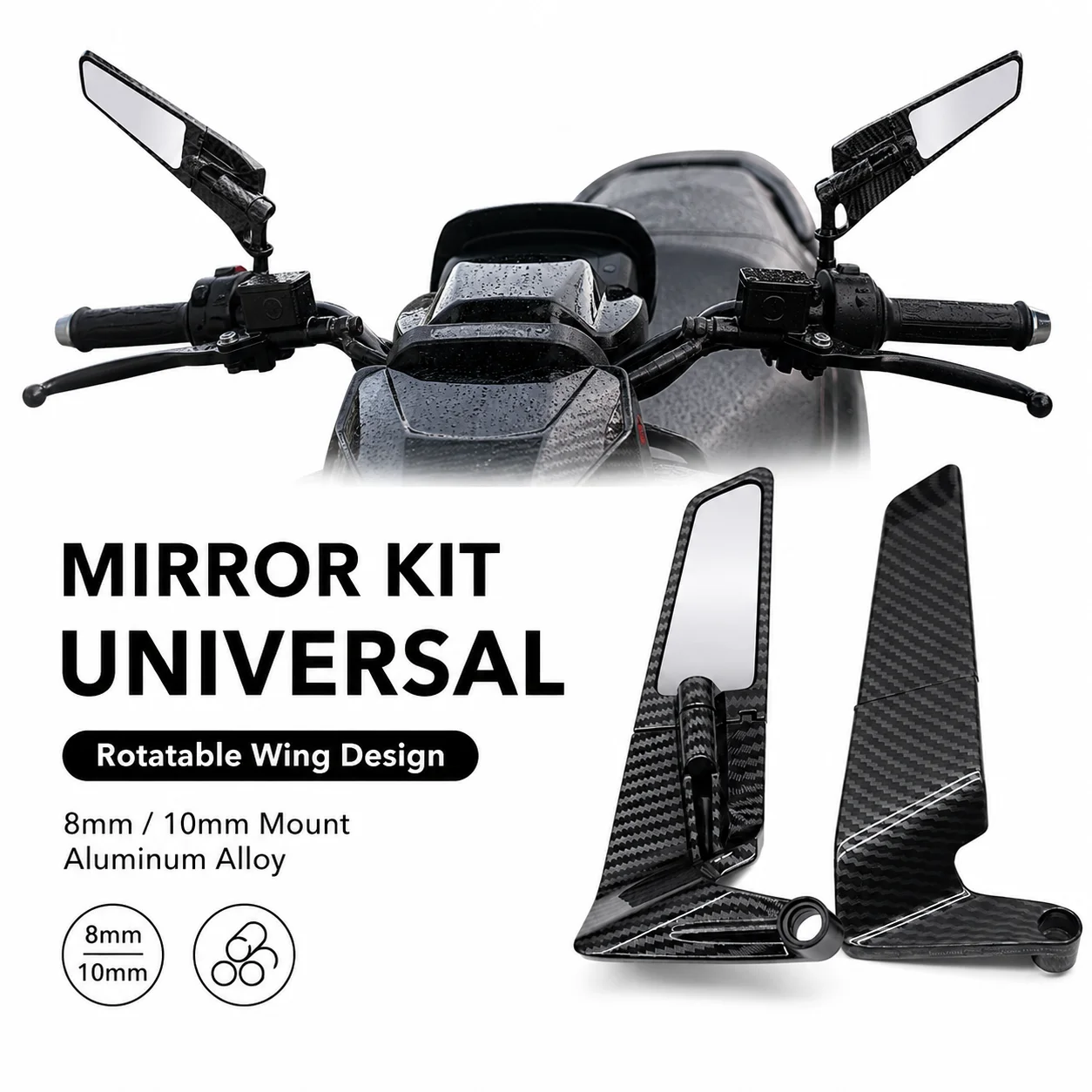 Motorcycle Universal Accessories Motorcycle Side Mirror Wings Rearview Mirror Rotatable Aluminum Alloy Side Mirrors 8mm 10mm