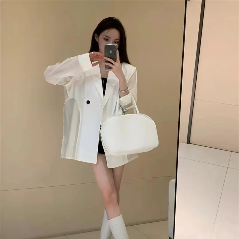 2024 Summer New Fashion Suit Jacket Women Long Sleeve Patchwork Sheer Mesh Solid Color Sun Protection Blazer Coat Female W333