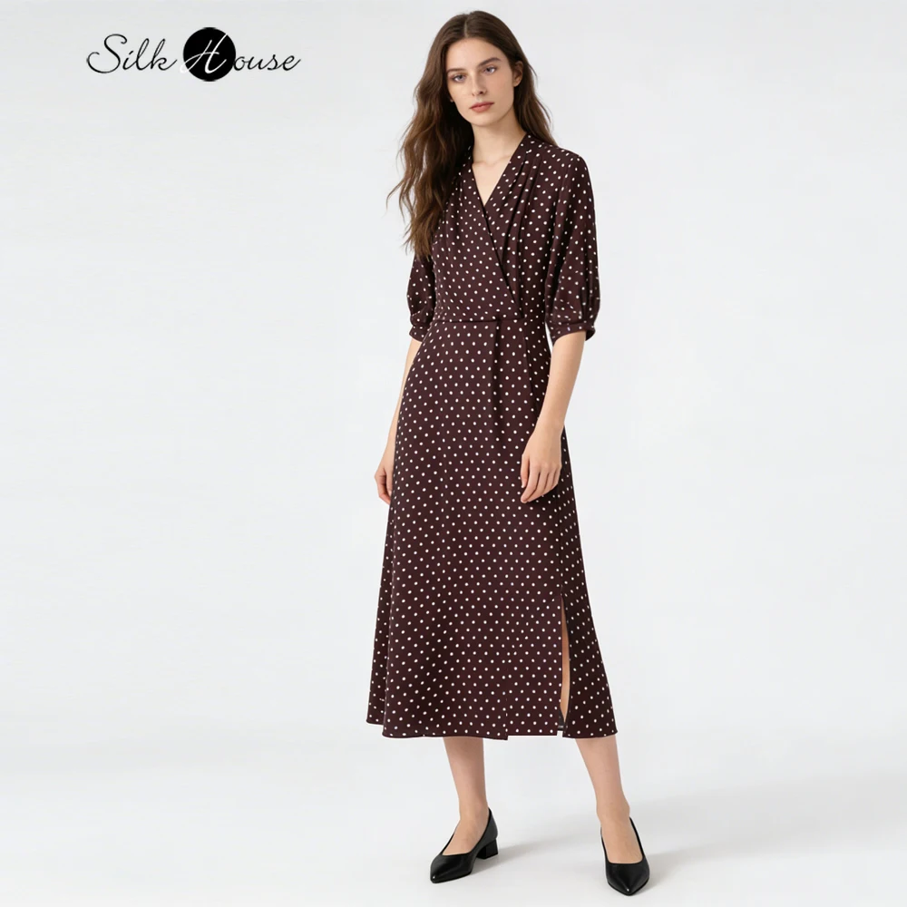 French Modern Mocha Polka Dot 1.2-meter Extended Elegant Large Swing 100% Natural Mulberry Silk Double Crepe V-neck Split Dress
