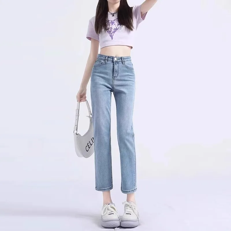 

Slim Fit High Waist Nine-Tenths Blue Jeans Women's Straight Leg Jeans Short plus Size Cotton Stretch Denim Pants