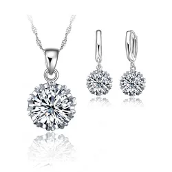 Trendy sieradensets van 925 sterling zilver, eenvoudige ronde vorm, kubieke zirkoon, hanger, kettingen, oorbellen, set, feestsieraden, cadeau