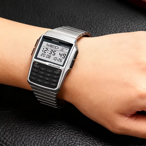 Imagen 2 del producto Reloj con banda de acero inoxidable para hombre, reloj con calculadora multifunción, reloj LED, estilo ordenador, caja de regalo de lujo superior