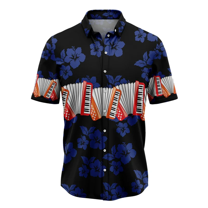 

Retro Accordion Pattern Hawaiian Shirts For Men Summer Casual Short Sleeve 3D Printed Lapel Blouse Loose Breathable Button Shirt