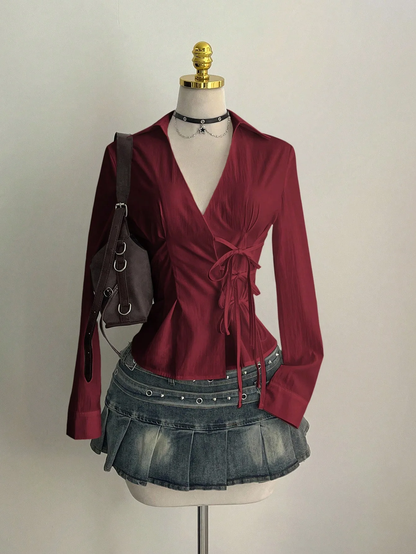 

Бордовая женская блузка с V-образным вырезом и длинными рукавами, приталенная, с завязками на талии, со складками сзади, в стиле Y2K, готический уличный стиль, стильный, сексуальный, уникальный, эстетичный топ