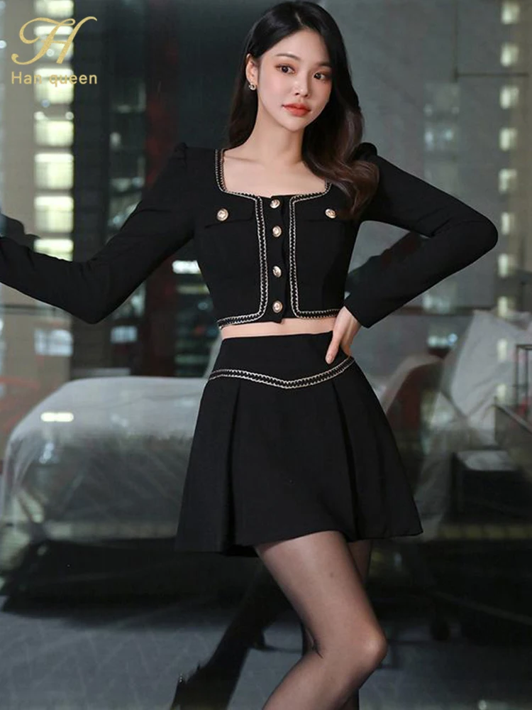 H Han Queen Elegant 2024 Spring Sets For Women 2 Pieces Short Tops + A-Line Skirts Casual Simple Office Skirt Set Woman Clothing