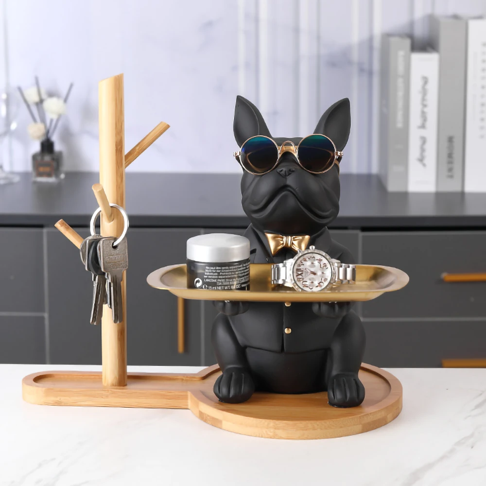 Home Interior Decoration Accessories,Animal Dog Figurines with Wood Shelf Key Hook,French Bulldog Statue Room Decor Ornaments