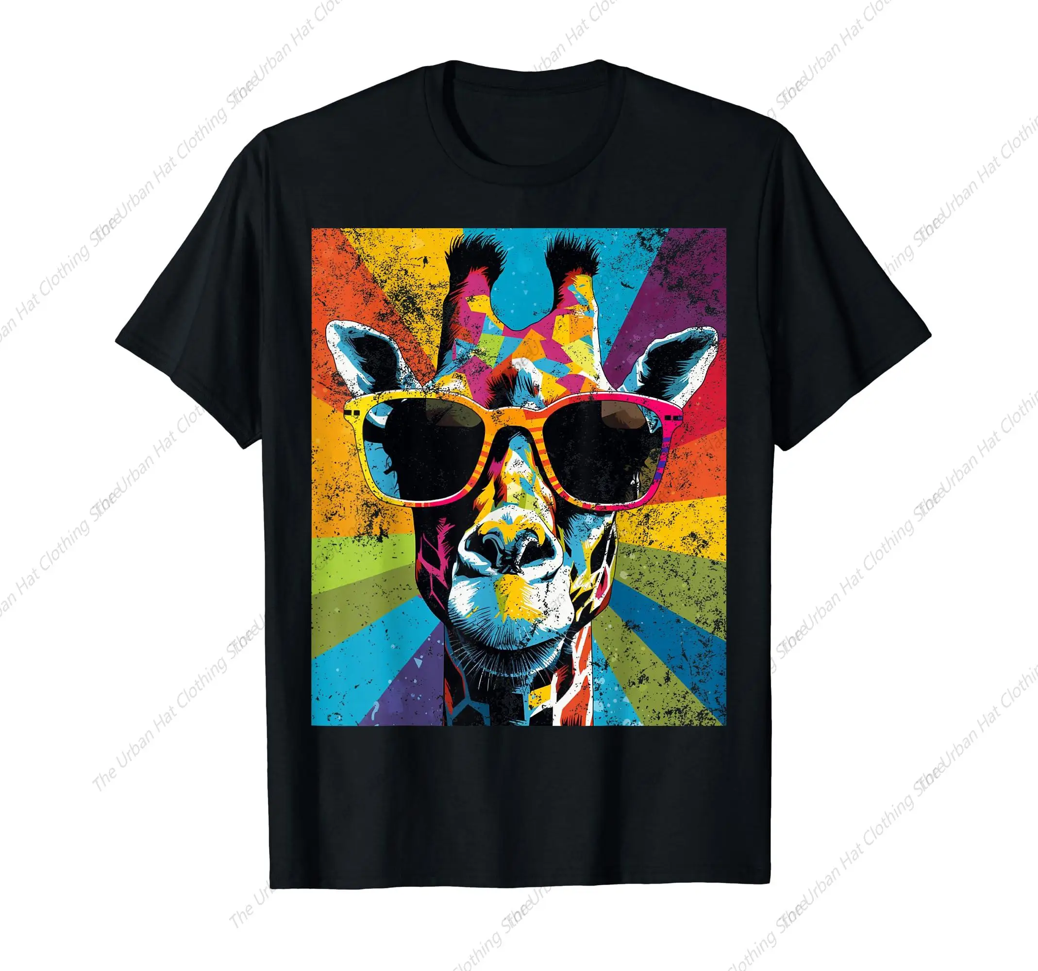 Giraffe Vintage Sunglasses Funny Short Sleeve Man o-Neck Cotton T-shirt Printing Shirt Mens Clothing