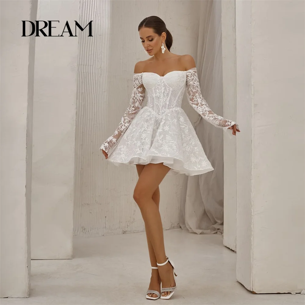 ชุดแต่งงานทรงเอไลน์แขนยาวผ้าลูกไม้ DREAM สำหรับผู้หญิง เปิดไหล่ ไร้สาย เปิดหลัง จับจีบ  แบบสั่งตัดได้