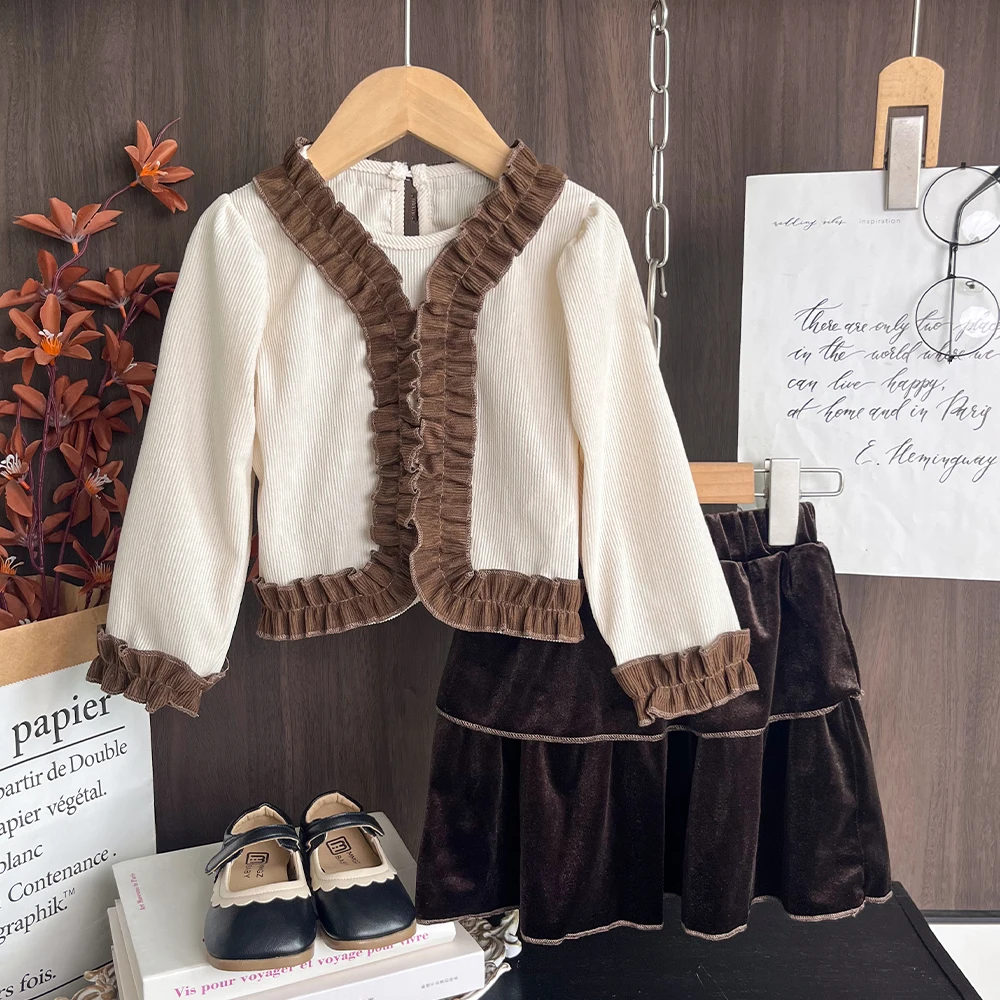 Autumn Korean Version Color Blocking Toddler Girl Clothes Vintage Patchwork Long Sleeved Top + Short Skirt Children's 2Pcs Sets