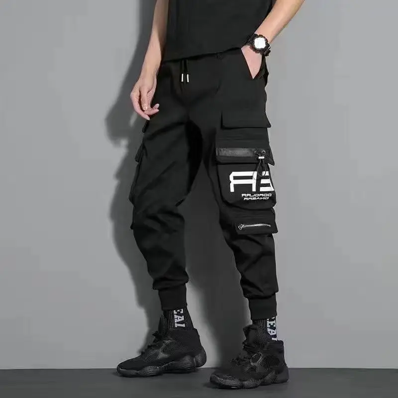 Thin Streetwear Casual Pants Men Ribbons Harem Jogging Pants Male Slim Fit Spring Cargo Pants Multi-Pockets Women Trouser J9