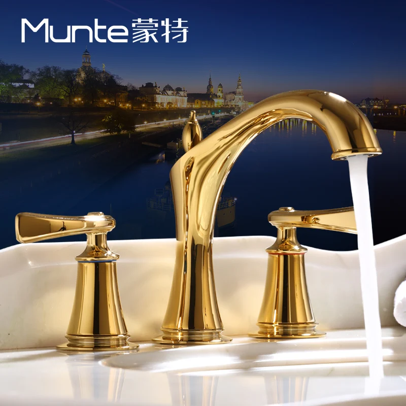 Triple-hole Cold and Hot Washbasin Faucet for Sink and Hand Basin in Rose Gold Titanium Color