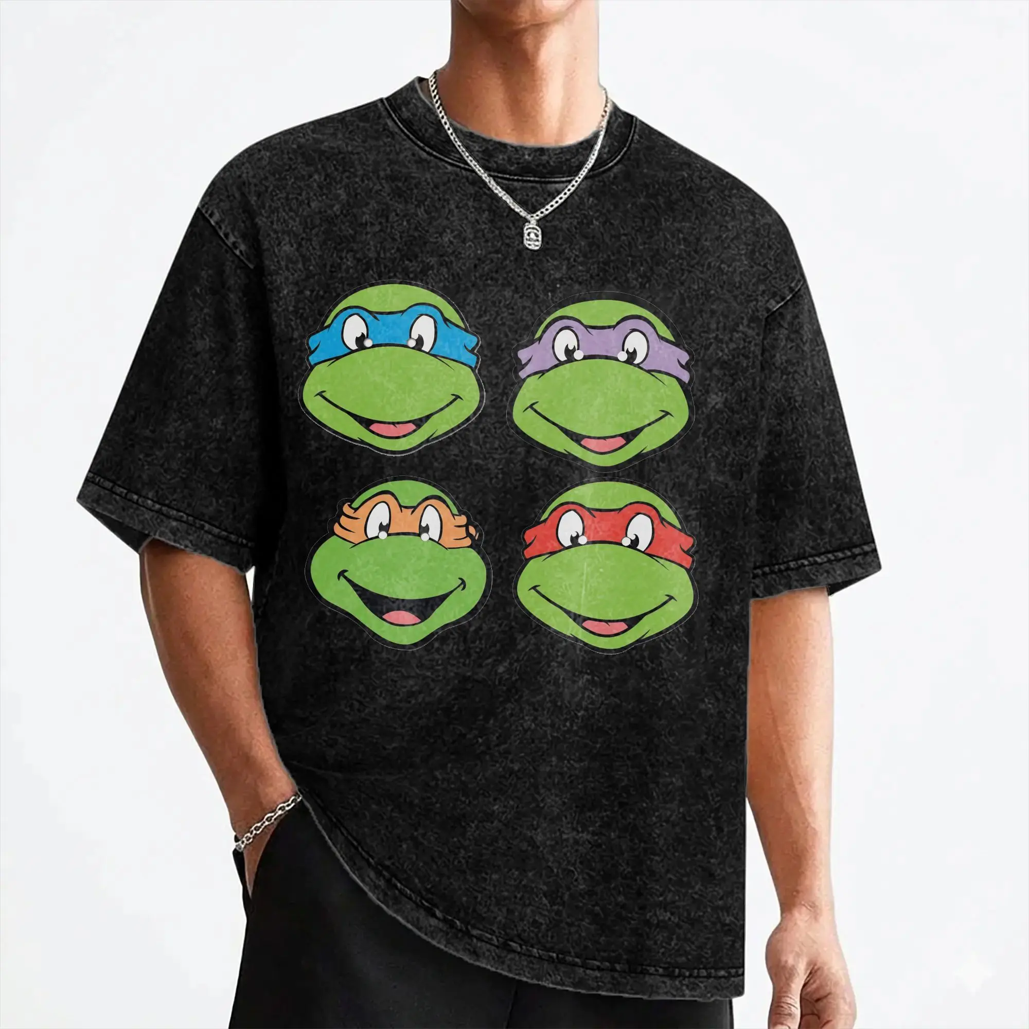 Cartoon Chibi Ninja T-Turtles Washed T Shirt Streetwear Fashion T-Shirt  Tees Men Women 100% Cotton Harajuku Printed