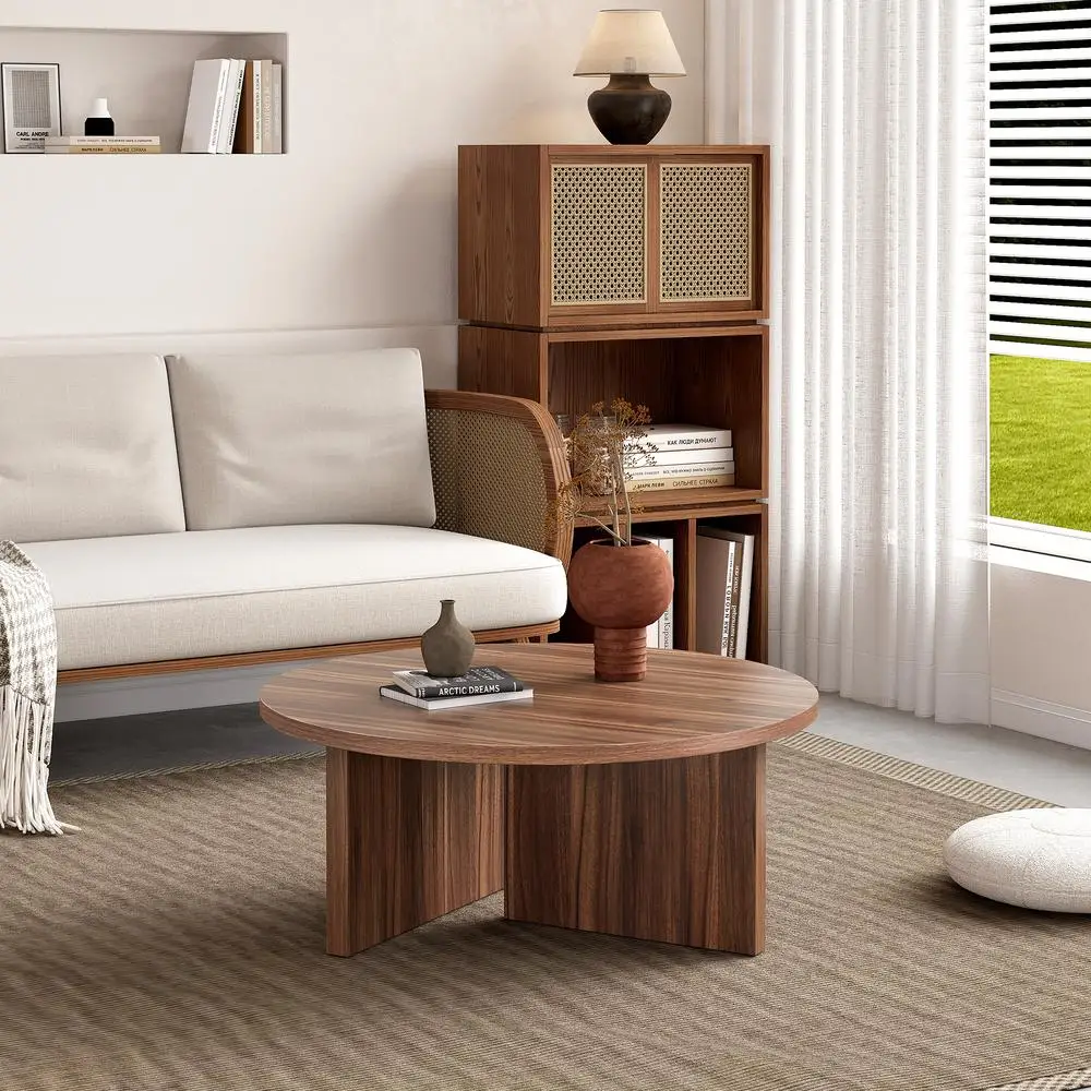 

Walnut Round Coffee Table 31.5" MDF Modern Minimalist Nordic Style Living Room Center Table Easy Clean Durable