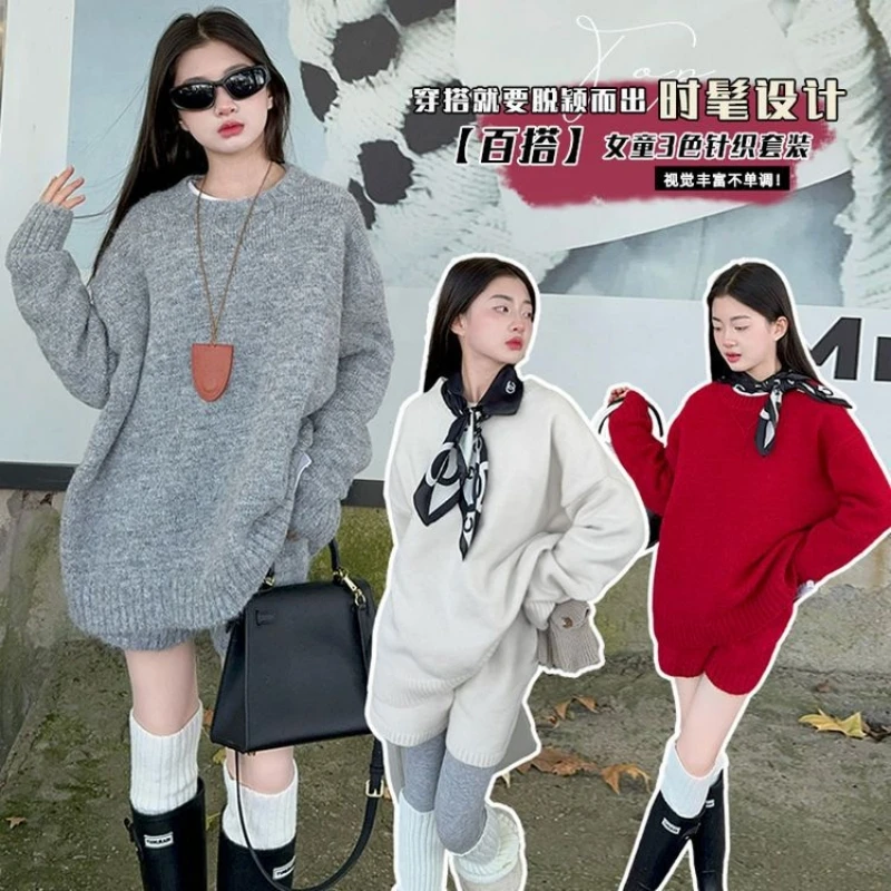 

Girls Knit Set 2-Piece – Soft Cotton HIP-LEVEL Long Sweater & Elastic Waist Shorts, Toddler Everyday Outfit, 3-Colors,