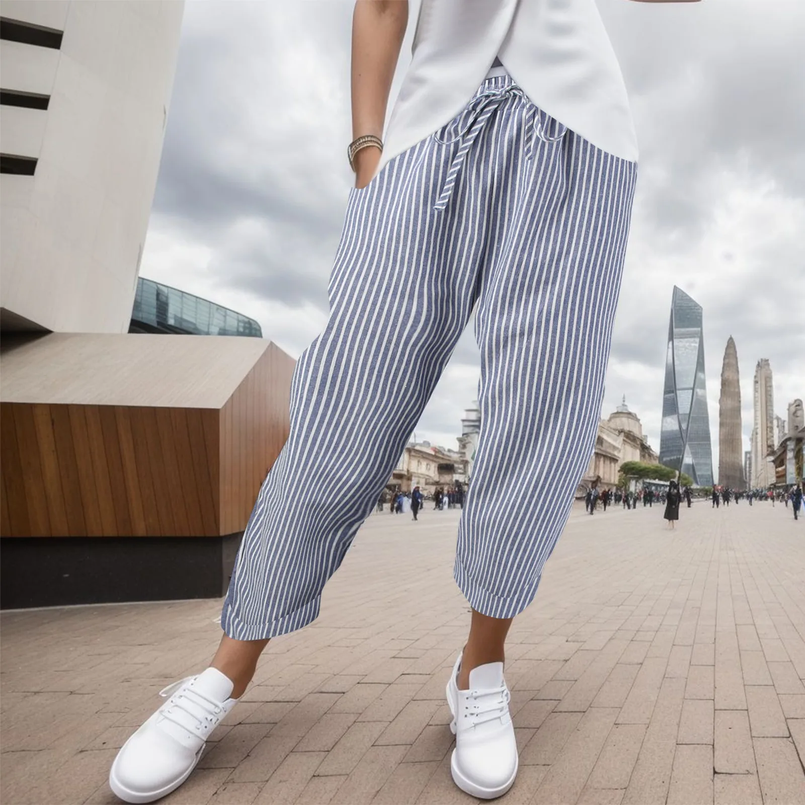 

Striped Print Prants For Women Summer Lace Up High Waisted Pant Baggy Casual Trousers With Pockets Ladies Boho Wide Leg Pants