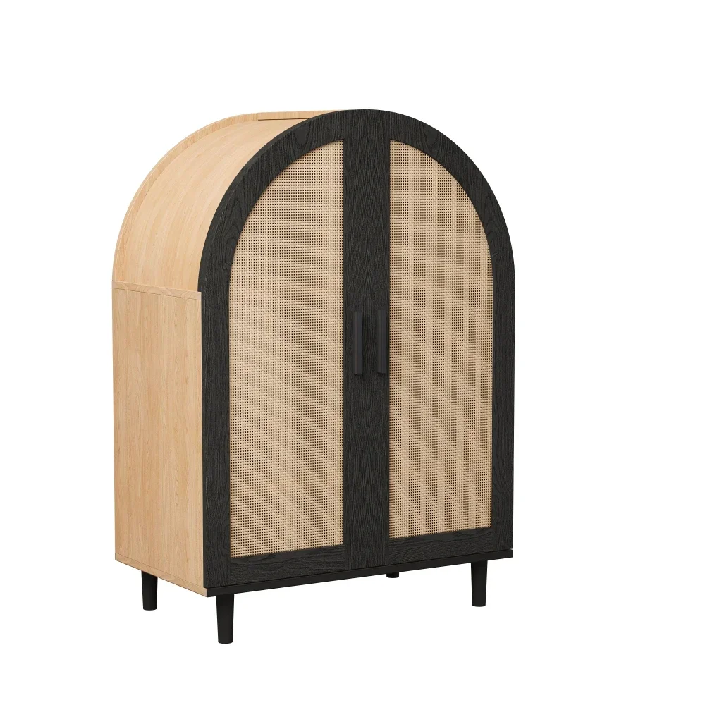 Elegantes Sideboard/Schuhschrank mit abgerundeten Außentüren, gebrochenen Rattan und drei Regalen. – Detail 15
