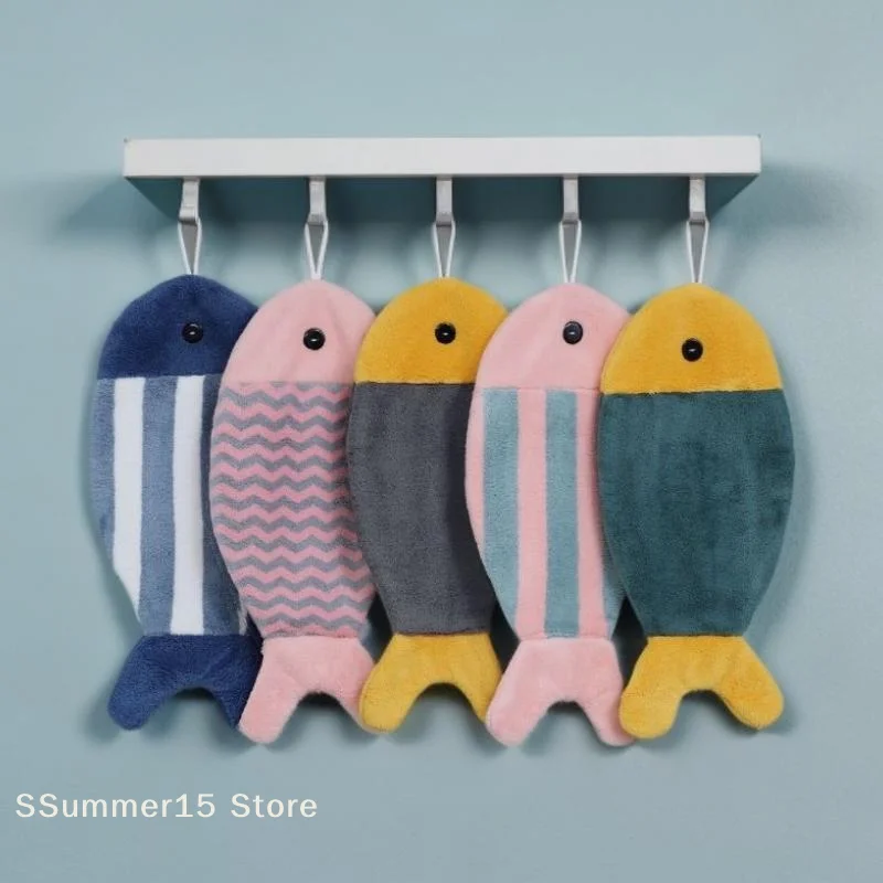 

【R】1/3Pcs Soft And Absorbent Coral Fleece Hanging Design Towel Cute Fish-Shaped Hand Towels With Striped Patterns For Bathroom