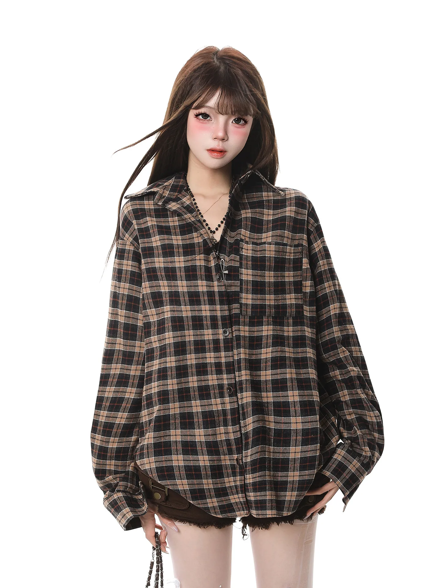

American Retro Plaid Long Sleeve Shirt Women's Spring New Style College Casual Loose Versatile Loose Shirt Coat