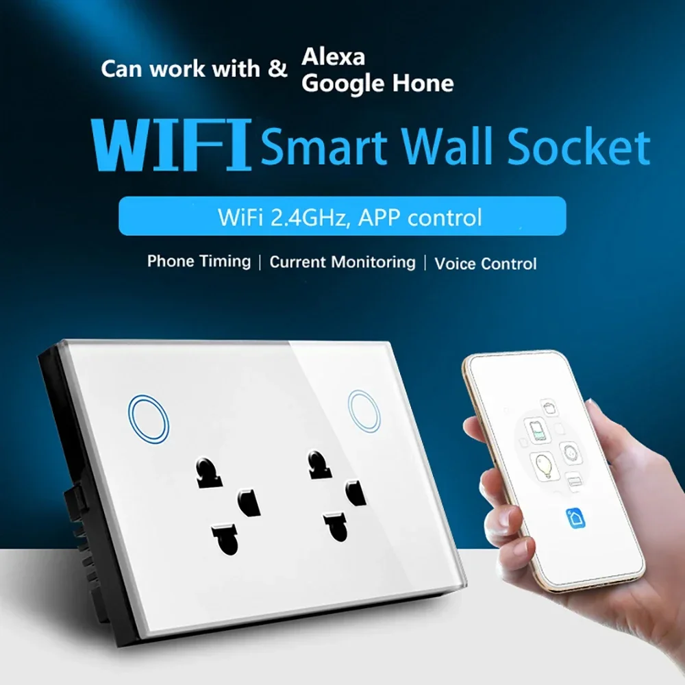 WIFI Smart Tuya US Gniazdo Monitorowanie elektryczne Panel szklany Tajlandia Podwójne gniazdko Pilot głosowy, aplikacja Alexa Google Home