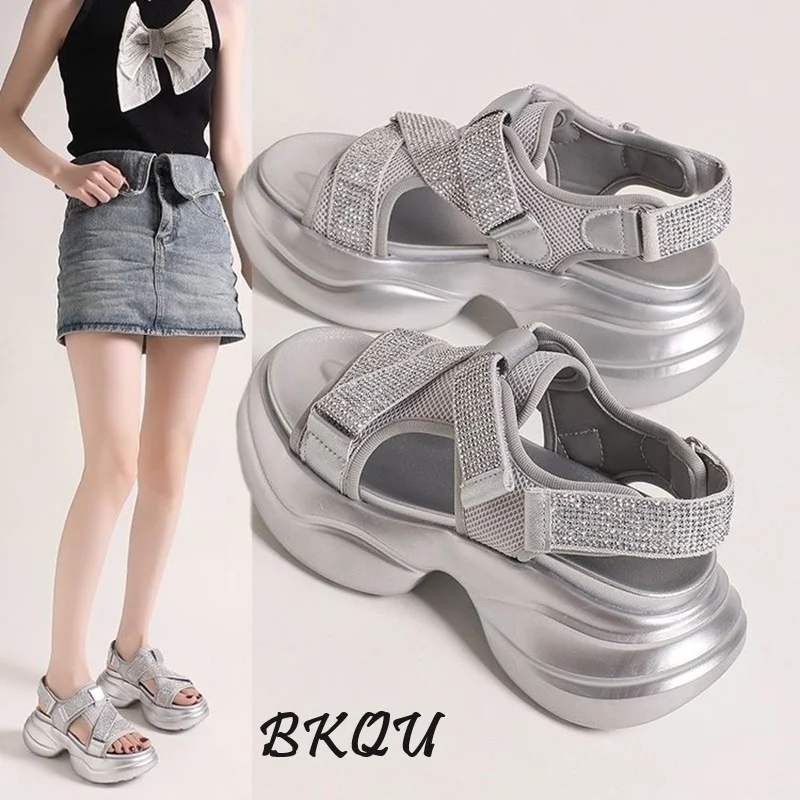 

BKQU Sandals Women Pump Full Upper Diamond Thick Platform 2024 Summer New Trend Casual Rome Increase 8CM Breathable Mesh Cloth